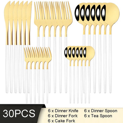 30Pcs White Gold Cutlery Set Stainless Steel Tableware Knife Cake Fork Spoon Dinnerware Set Kitchen Flatware Silverware - Slobuy