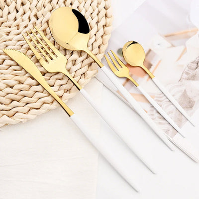 30Pcs White Gold Cutlery Set Stainless Steel Tableware Knife Cake Fork Spoon Dinnerware Set Kitchen Flatware Silverware - Slobuy