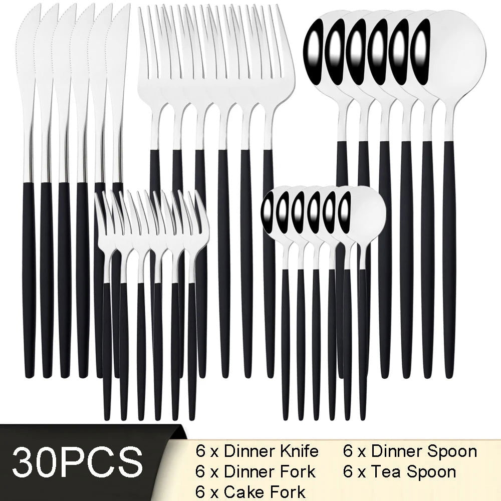 30Pcs White Gold Cutlery Set Stainless Steel Tableware Knife Cake Fork Spoon Dinnerware Set Kitchen Flatware Silverware - Slobuy