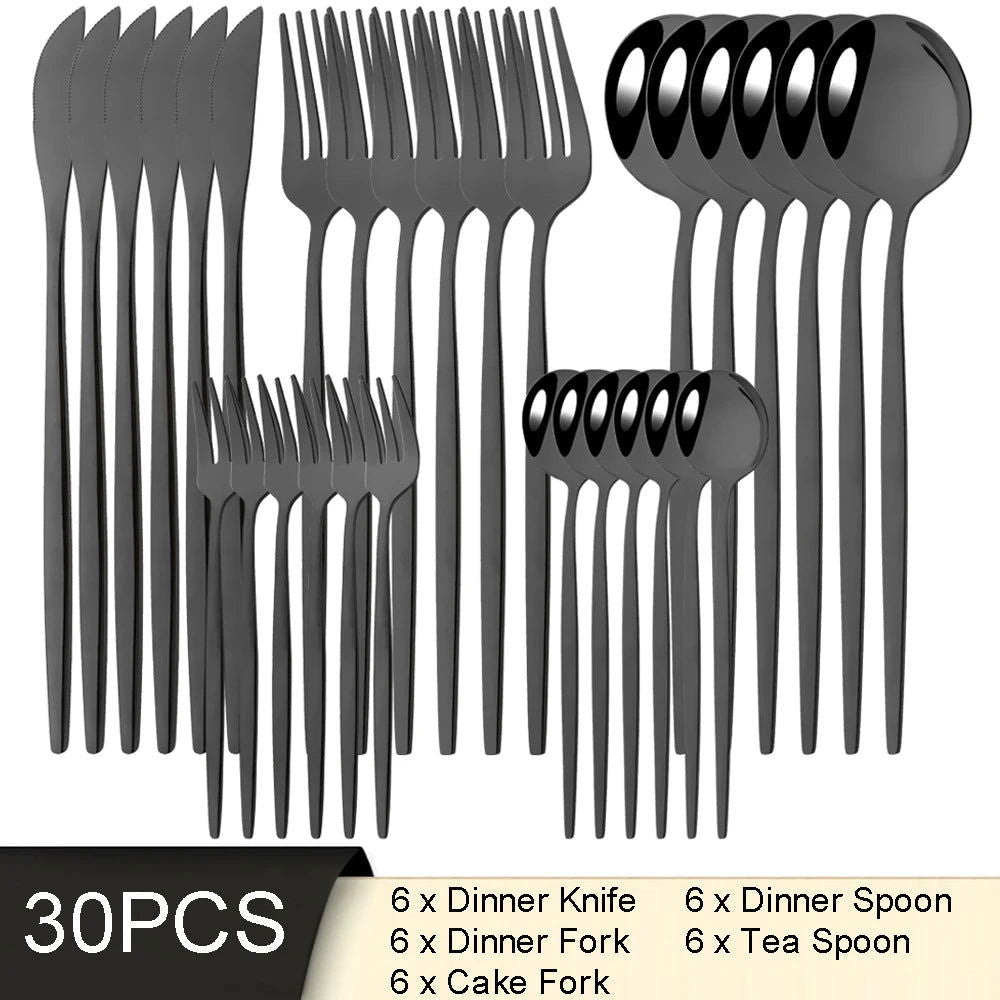 30Pcs White Gold Cutlery Set Stainless Steel Tableware Knife Cake Fork Spoon Dinnerware Set Kitchen Flatware Silverware - Slobuy