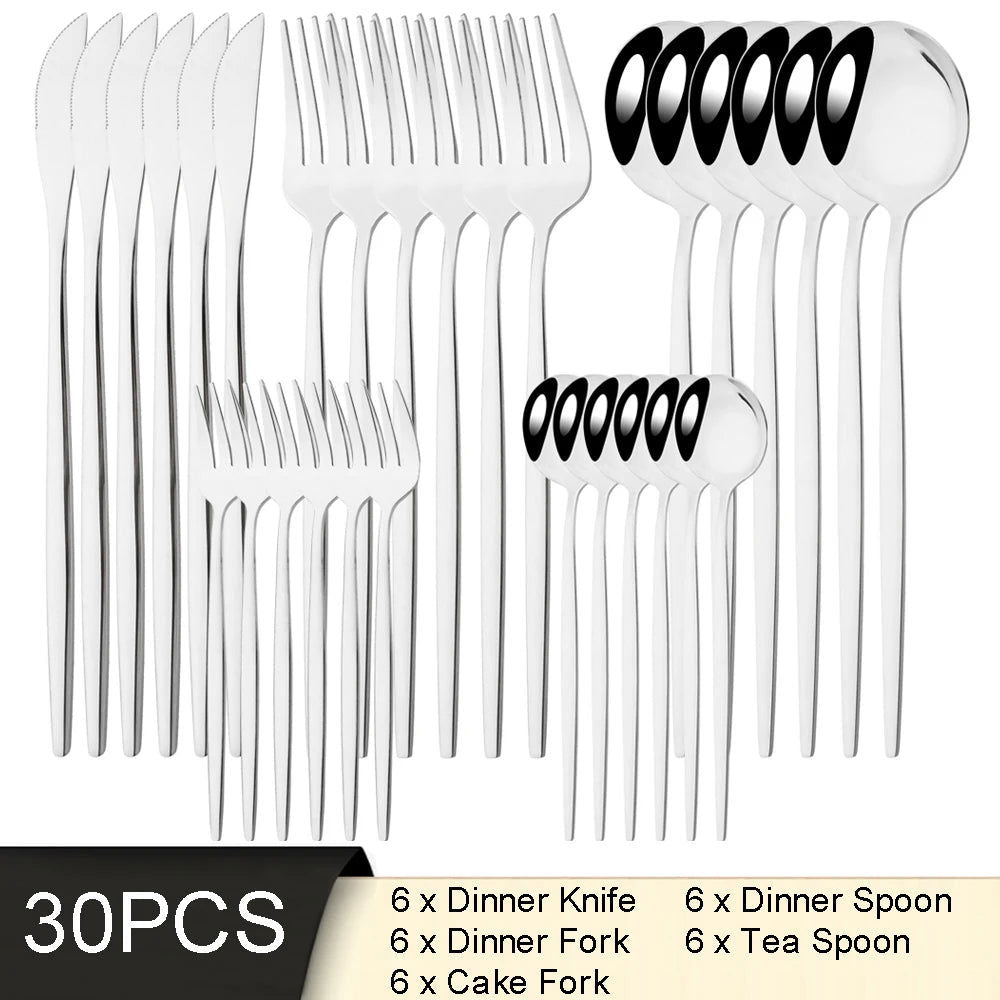 30Pcs White Gold Cutlery Set Stainless Steel Tableware Knife Cake Fork Spoon Dinnerware Set Kitchen Flatware Silverware - Slobuy