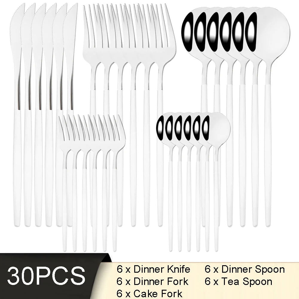 30Pcs White Gold Cutlery Set Stainless Steel Tableware Knife Cake Fork Spoon Dinnerware Set Kitchen Flatware Silverware - Slobuy