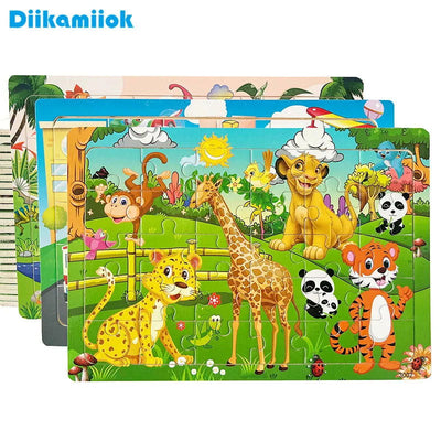 30 Pieces Wooden Jigsaw Puzzle Kids Cartoon Animal Vehicle Puzzles Games Baby Early Learning Educational Toys for Children - Slobuy
