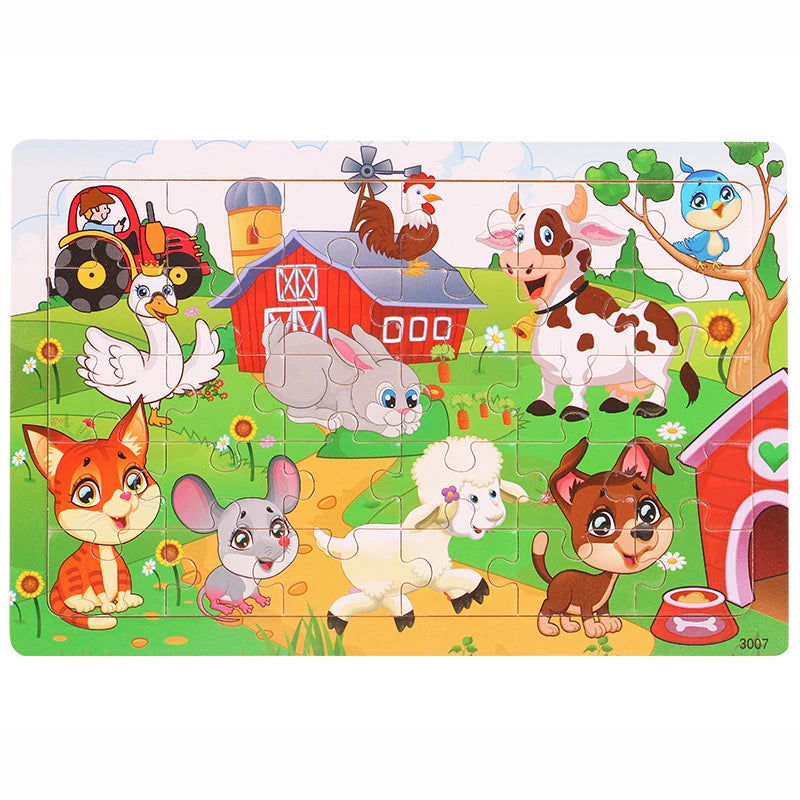 30 Pieces Wooden Jigsaw Puzzle Kids Cartoon Animal Vehicle Puzzles Games Baby Early Learning Educational Toys for Children - Slobuy
