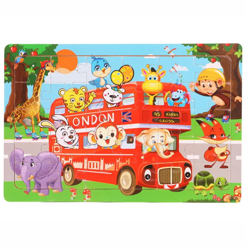 30 Pieces Wooden Jigsaw Puzzle Kids Cartoon Animal Vehicle Puzzles Games Baby Early Learning Educational Toys for Children - Slobuy