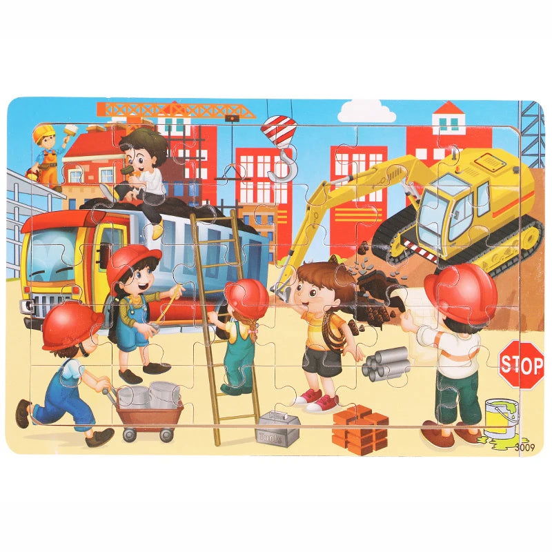 30 Pieces Wooden Jigsaw Puzzle Kids Cartoon Animal Vehicle Puzzles Games Baby Early Learning Educational Toys for Children - Slobuy