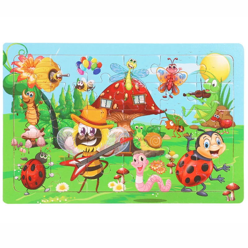 30 Pieces Wooden Jigsaw Puzzle Kids Cartoon Animal Vehicle Puzzles Games Baby Early Learning Educational Toys for Children - Slobuy
