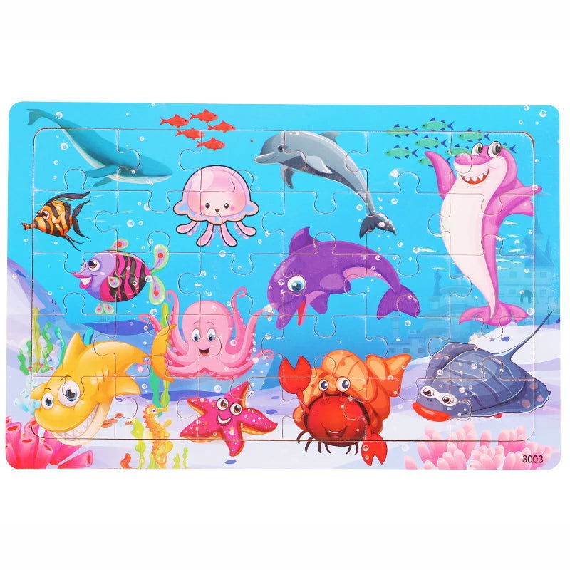 30 Pieces Wooden Jigsaw Puzzle Kids Cartoon Animal Vehicle Puzzles Games Baby Early Learning Educational Toys for Children - Slobuy