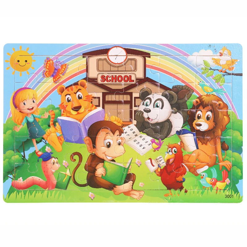 30 Pieces Wooden Jigsaw Puzzle Kids Cartoon Animal Vehicle Puzzles Games Baby Early Learning Educational Toys for Children - Slobuy