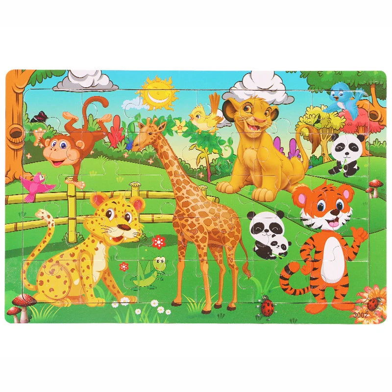 30 Pieces Wooden Jigsaw Puzzle Kids Cartoon Animal Vehicle Puzzles Games Baby Early Learning Educational Toys for Children - Slobuy