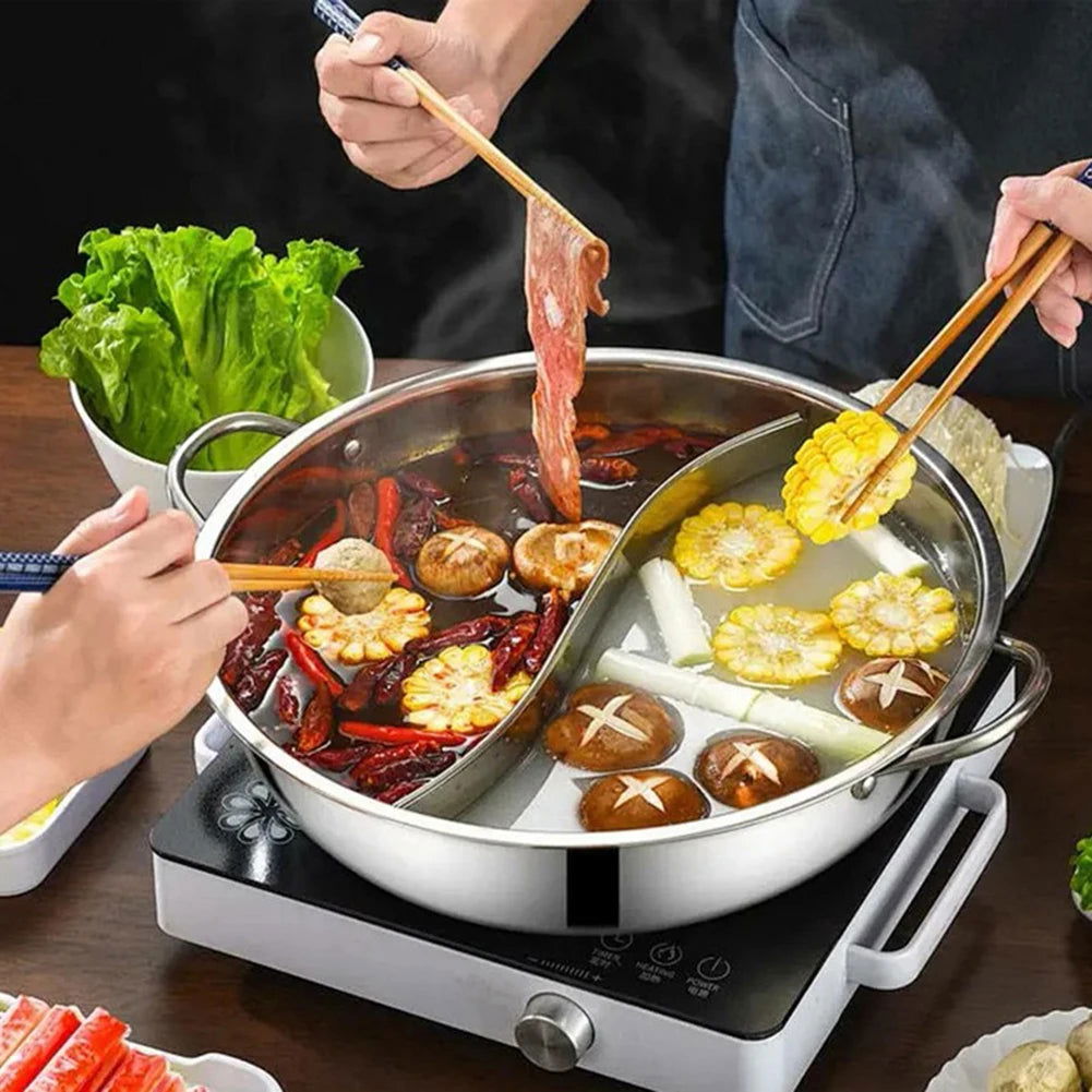 28/30cm Twin Divided Hot Pot Stainless Steel Hotpot Kitchen Cooker Home Cooking Cookware Dish Plate Compatible Cooker Gas Stove - Slobuy