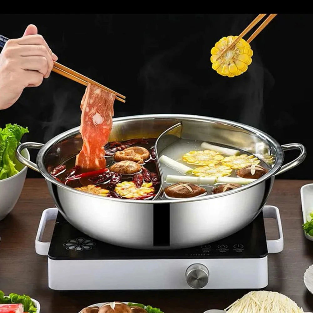 28/30cm Twin Divided Hot Pot Stainless Steel Hotpot Kitchen Cooker Home Cooking Cookware Dish Plate Compatible Cooker Gas Stove - Slobuy