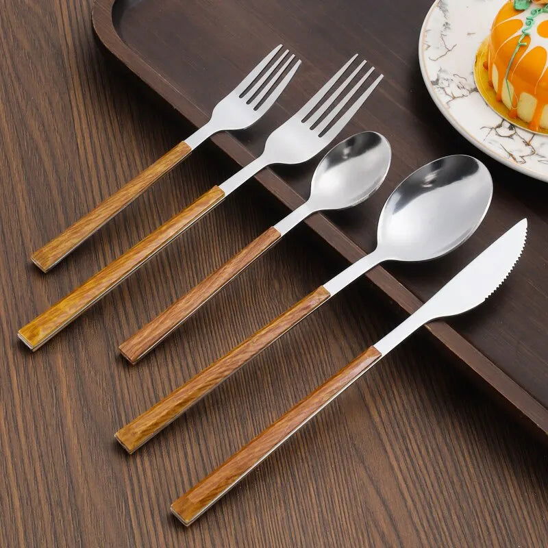 30pcs Stainless Steel Imitation Wooden Handle Cutlery Set Dinnerware Clamp Western Tableware Knife Fork Tea Spoon - Slobuy