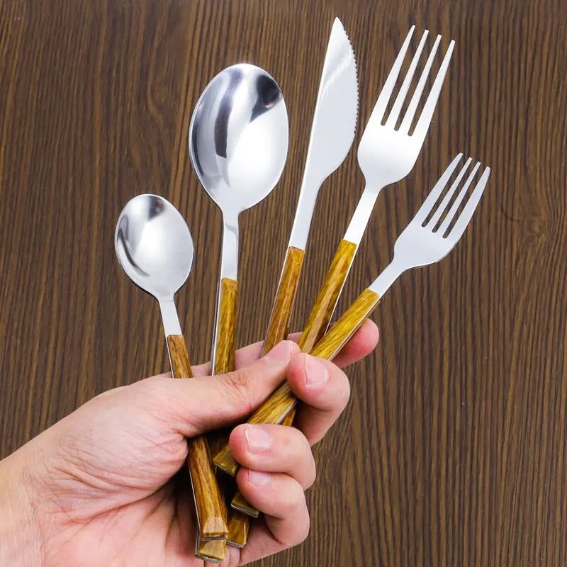 30pcs Stainless Steel Imitation Wooden Handle Cutlery Set Dinnerware Clamp Western Tableware Knife Fork Tea Spoon - Slobuy