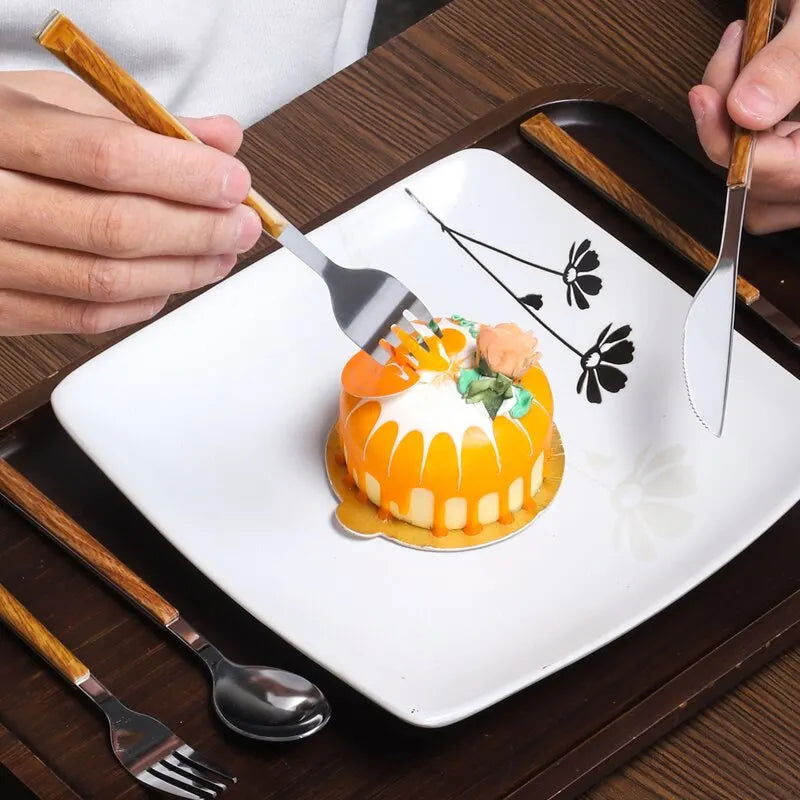 30pcs Stainless Steel Imitation Wooden Handle Cutlery Set Dinnerware Clamp Western Tableware Knife Fork Tea Spoon - Slobuy