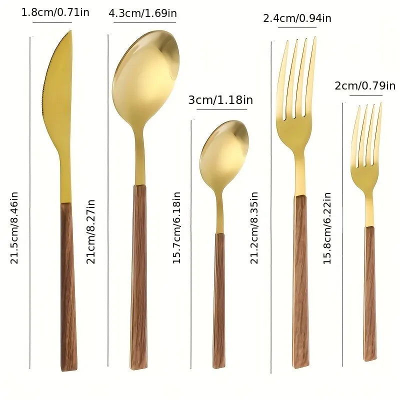 30pcs Stainless Steel Imitation Wooden Handle Cutlery Set Dinnerware Clamp Western Tableware Knife Fork Tea Spoon - Slobuy