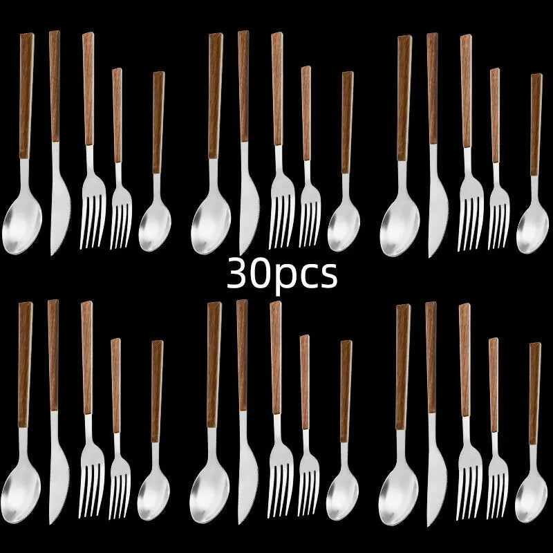 30pcs Stainless Steel Imitation Wooden Handle Cutlery Set Dinnerware Clamp Western Tableware Knife Fork Tea Spoon - Slobuy
