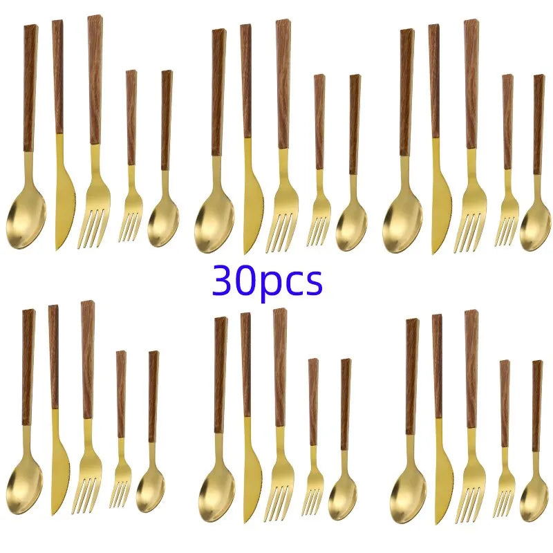 30pcs Stainless Steel Imitation Wooden Handle Cutlery Set Dinnerware Clamp Western Tableware Knife Fork Tea Spoon - Slobuy