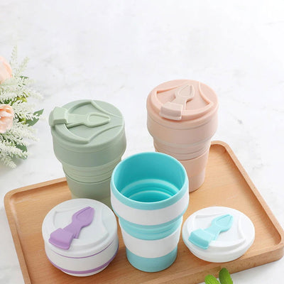 350ML Food-Grade Silicone Folding Cup, With Lid, Reusable Portable Coffee Cup, Hot Drink ,Suitable For Travel And Camping - Slobuy