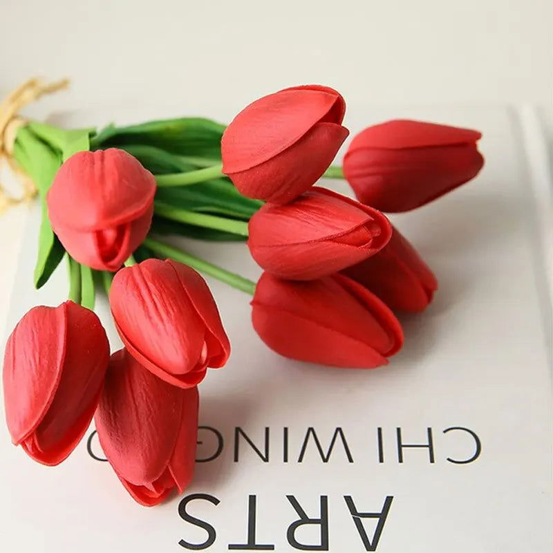 35cm White Tulip Simulation Feel Tulip Flower Home Decoration Ornaments Wedding Photography Props Fake Flowers 10pcs - Slobuy