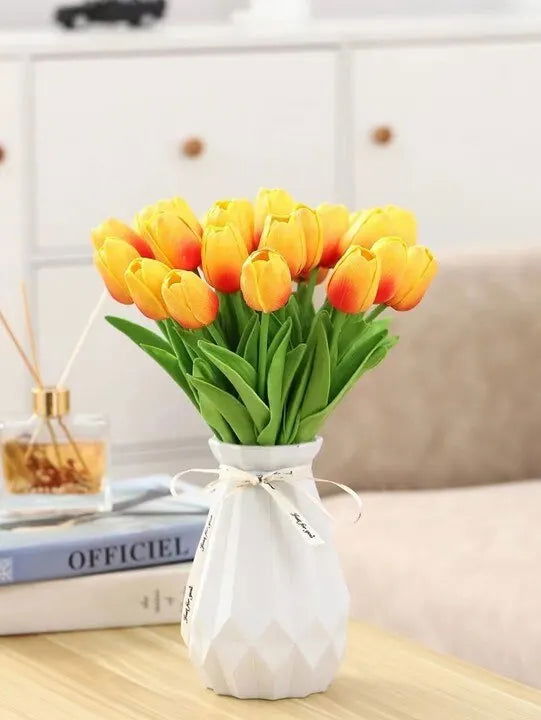 35cm White Tulip Simulation Feel Tulip Flower Home Decoration Ornaments Wedding Photography Props Fake Flowers 10pcs - Slobuy