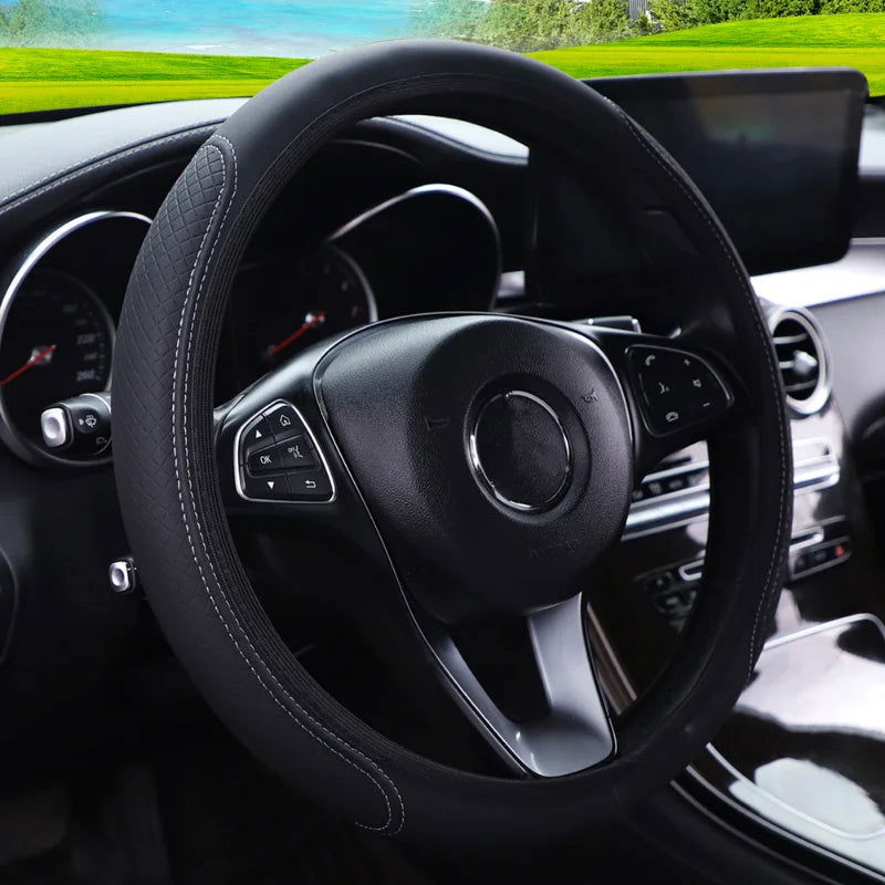 37/38cm Automobile Universal Steering Wheel Cover Non-slip Car Steering Wheel Cover Non-slip Embossed PU Leather Cars Accessory - Slobuy