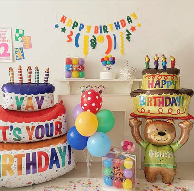 3D Birthday Cake Aluminum Film Balloon Decoration Colored Double Layer Cake 1 Year Old Baby Shower Birthday Party Supplies - Slobuy