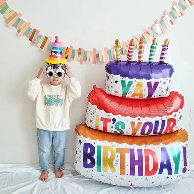 3D Birthday Cake Aluminum Film Balloon Decoration Colored Double Layer Cake 1 Year Old Baby Shower Birthday Party Supplies - Slobuy