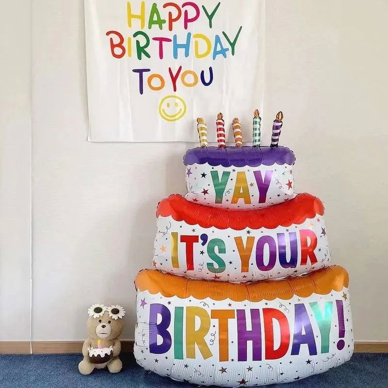 3D Birthday Cake Aluminum Film Balloon Decoration Colored Double Layer Cake 1 Year Old Baby Shower Birthday Party Supplies - Slobuy