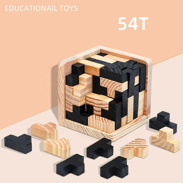 3D Cube Puzzle Luban Interlocking Creative Educational Wooden Toy Brain IQ Mind Early Learning Game Gift For Children Letter 54T - Slobuy