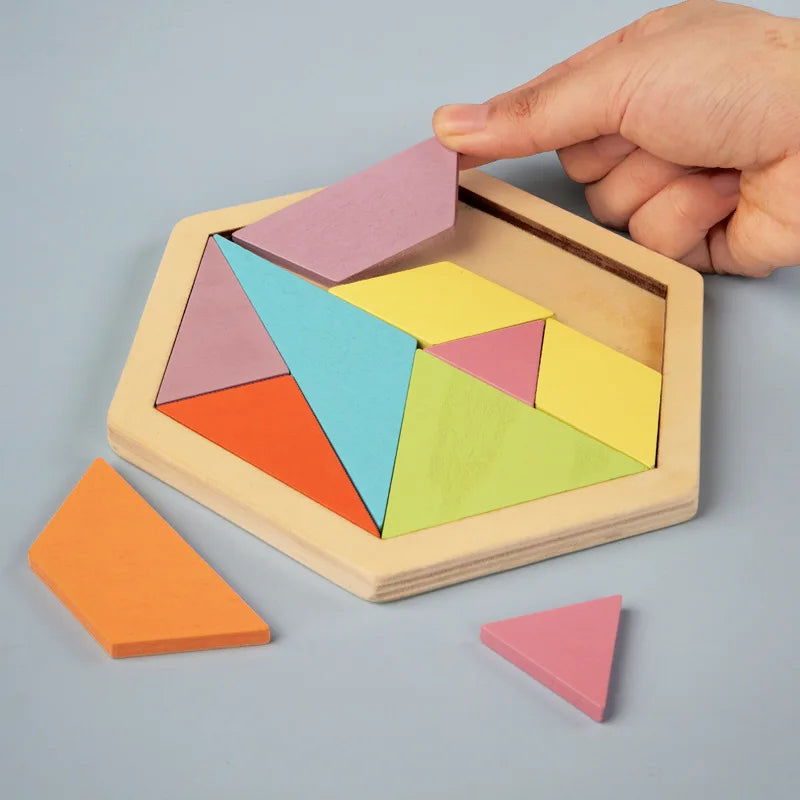 3D Hexagonal Wooden Puzzles Educational Toys For Children Kids Preschool Tangram Board Brain IQ Test Game Montessori Toys Gifts - Slobuy