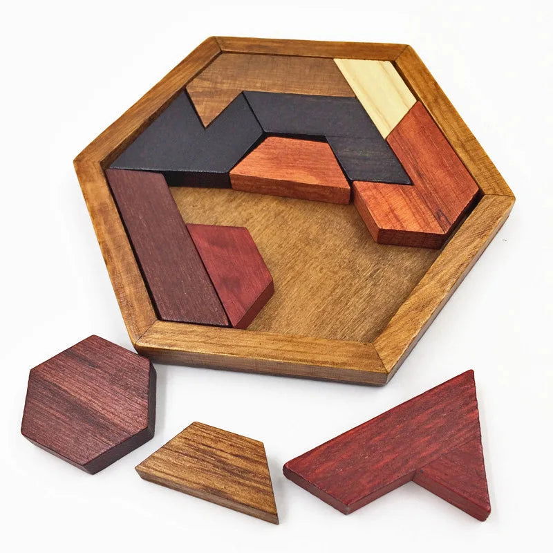 3D Hexagonal Wooden Puzzles Educational Toys For Children Kids Preschool Tangram Board Brain IQ Test Game Montessori Toys Gifts - Slobuy