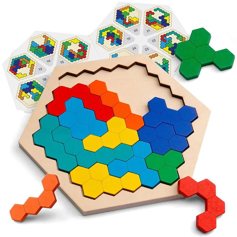 3D Hexagonal Wooden Puzzles Educational Toys For Children Kids Preschool Tangram Board Brain IQ Test Game Montessori Toys Gifts - Slobuy