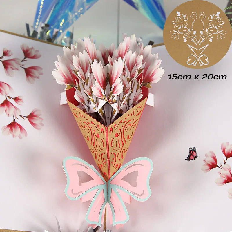 3D Pop UP Flower Bouquet Cards Birthday Greeting Card Handmade Butterfly Thank You Postcard for Wife Mom Girlfriend Teacher Gift - Slobuy