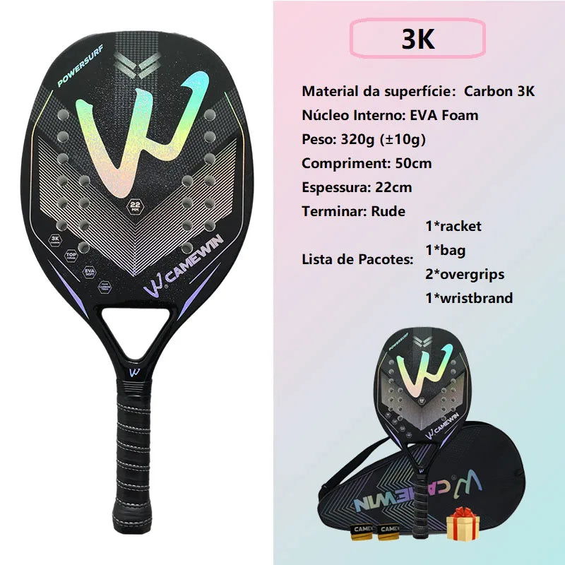 3K Camewin Beach Tennis Racket Full Carbon Fiber Rough Surface Outdoor Sports Ball Racket For Men Women Adult Senior Player - Slobuy