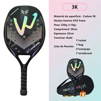3K Camewin Beach Tennis Racket Full Carbon Fiber Rough Surface Outdoor Sports Ball Racket For Men Women Adult Senior Player - Slobuy