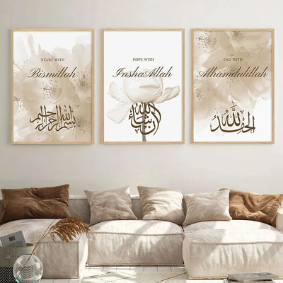 3PCS Islamic Calligraphy Bismillah Beige Floral Posters Canvas Painting Wall Art Pictures Living Room Interior Home Decoration - Slobuy