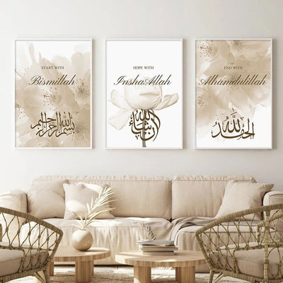 3PCS Islamic Calligraphy Bismillah Beige Floral Posters Canvas Painting Wall Art Pictures Living Room Interior Home Decoration - Slobuy