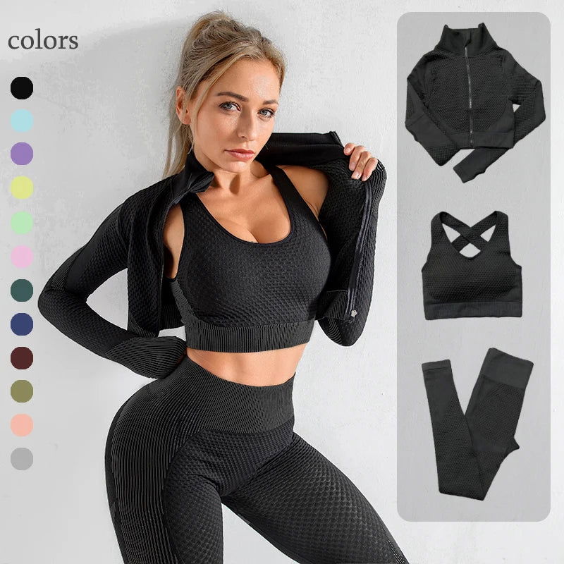 2/3PCS Seamless Women Yoga Set Workout Sportswear Gym Clothing Fitness Long Sleeve Crop Top High Waist Leggings Sports Suits - Slobuy