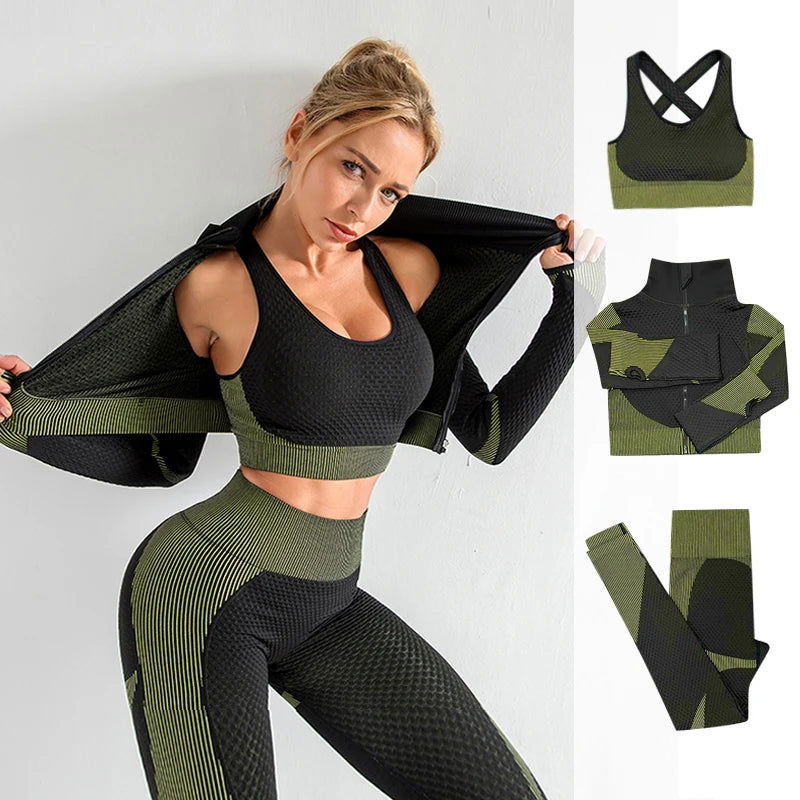 2/3PCS Seamless Women Yoga Set Workout Sportswear Gym Clothing Fitness Long Sleeve Crop Top High Waist Leggings Sports Suits - Slobuy