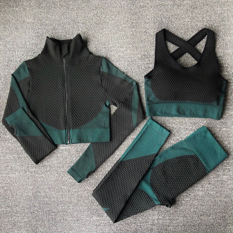 2/3PCS Seamless Women Yoga Set Workout Sportswear Gym Clothing Fitness Long Sleeve Crop Top High Waist Leggings Sports Suits - Slobuy