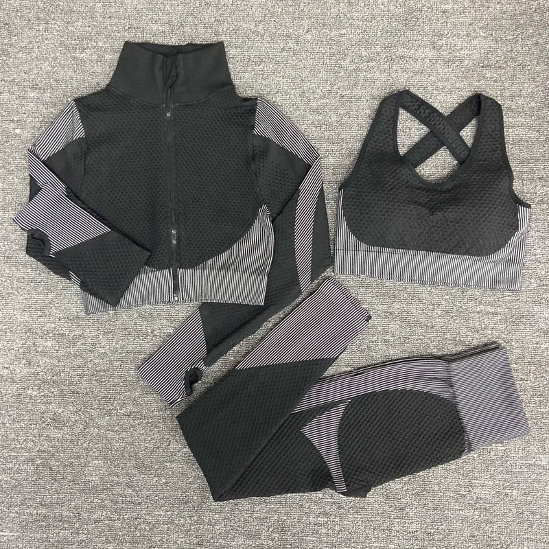 2/3PCS Seamless Women Yoga Set Workout Sportswear Gym Clothing Fitness Long Sleeve Crop Top High Waist Leggings Sports Suits - Slobuy