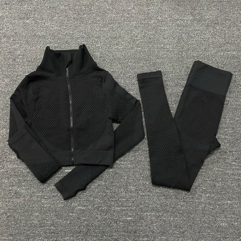 2/3PCS Seamless Women Yoga Set Workout Sportswear Gym Clothing Fitness Long Sleeve Crop Top High Waist Leggings Sports Suits - Slobuy