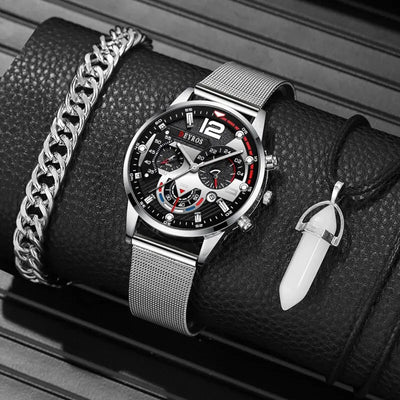 3PCS Set Fashion Mens Calendar Watches Men Business Steel Mesh Belt Quartz Watch Male Casual Necklace Bracelet Wristwatch - Slobuy