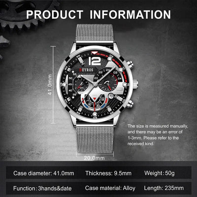 3PCS Set Fashion Mens Calendar Watches Men Business Steel Mesh Belt Quartz Watch Male Casual Necklace Bracelet Wristwatch - Slobuy