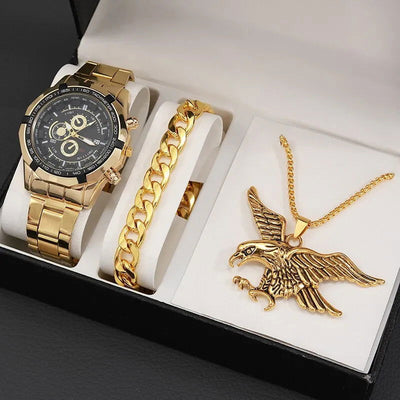 3PCS Set Luxury Fashion Mens Watches Men Business Quartz Watch Male Casual Necklace Bracelet Wristwatch - Slobuy