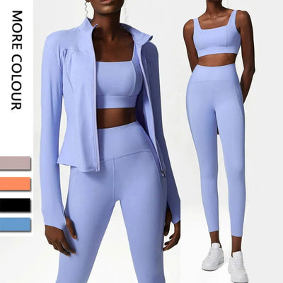 3Pcs Fitness Yoga Set Women Workout Athletic Clothing Long Sleeve Shirt Gym Bras High Waist Leggings Tights-Fitting Sportswear - Slobuy