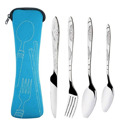 4Pcs/3Pcs Set Dinnerware Portable Printed Knifes Fork Spoon Stainless Steel Family Camping Steak Cutlery Tableware with Bag - Slobuy