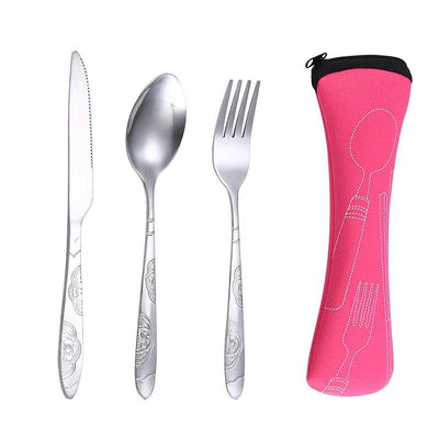 4Pcs/3Pcs Set Dinnerware Portable Printed Knifes Fork Spoon Stainless Steel Family Camping Steak Cutlery Tableware with Bag - Slobuy