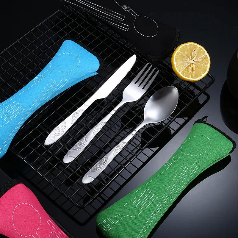 4Pcs/3Pcs Set Dinnerware Portable Printed Knifes Fork Spoon Stainless Steel Family Camping Steak Cutlery Tableware with Bag - Slobuy